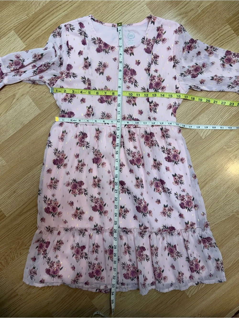 Wonder Nation Girls XXL Pink Floral Bell Sleeve Tiered Ruffle Midi Dress